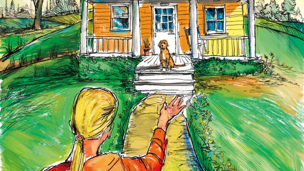 An artist's rendering of a woman waving to a dog who awaits her arrival on the front porch