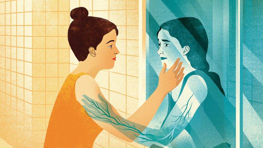 An artist's rendering of a woman gazing into a mirror at a loved one who shares her pain