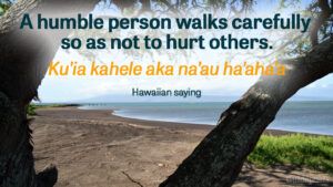 A humble person walks carefully so as not to hurt others. Ku’ia kahele aka na’au ha’aha’a