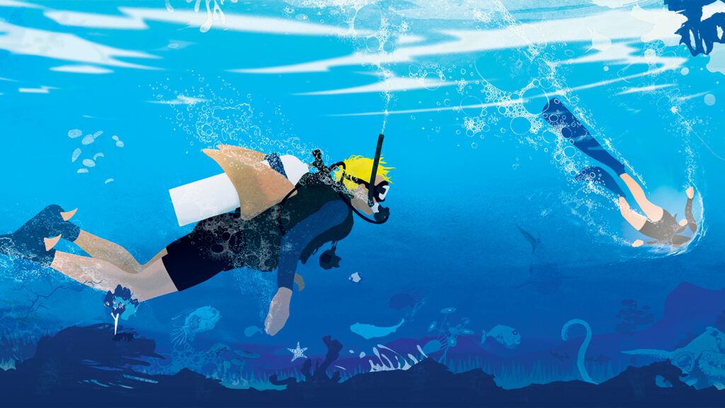 An artist's rendering of a pair of scuba divers underwater