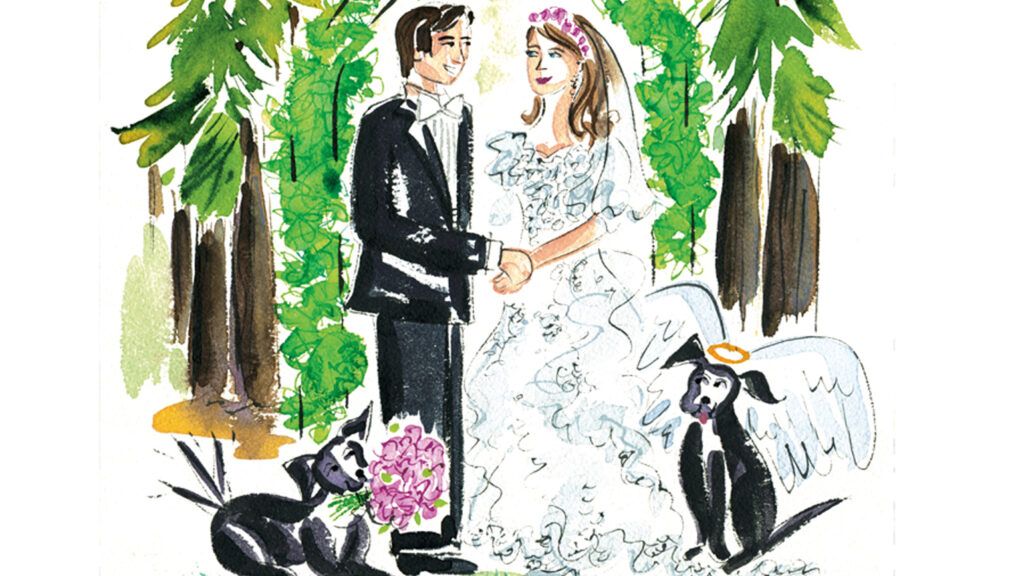 An artist's rendering of a couple getting married with black Labs at their feet