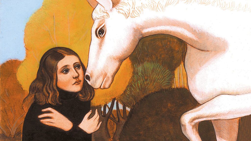 An artist's rendering of a young woman being nuzzled by a white horse