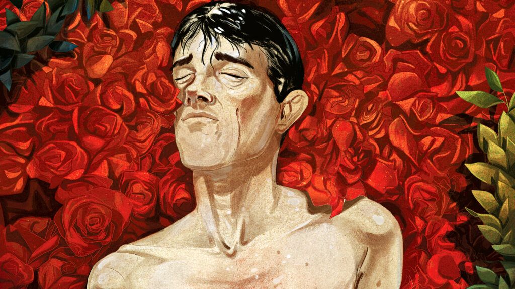 An illustration depicting a shirtless man enveloped with roses.