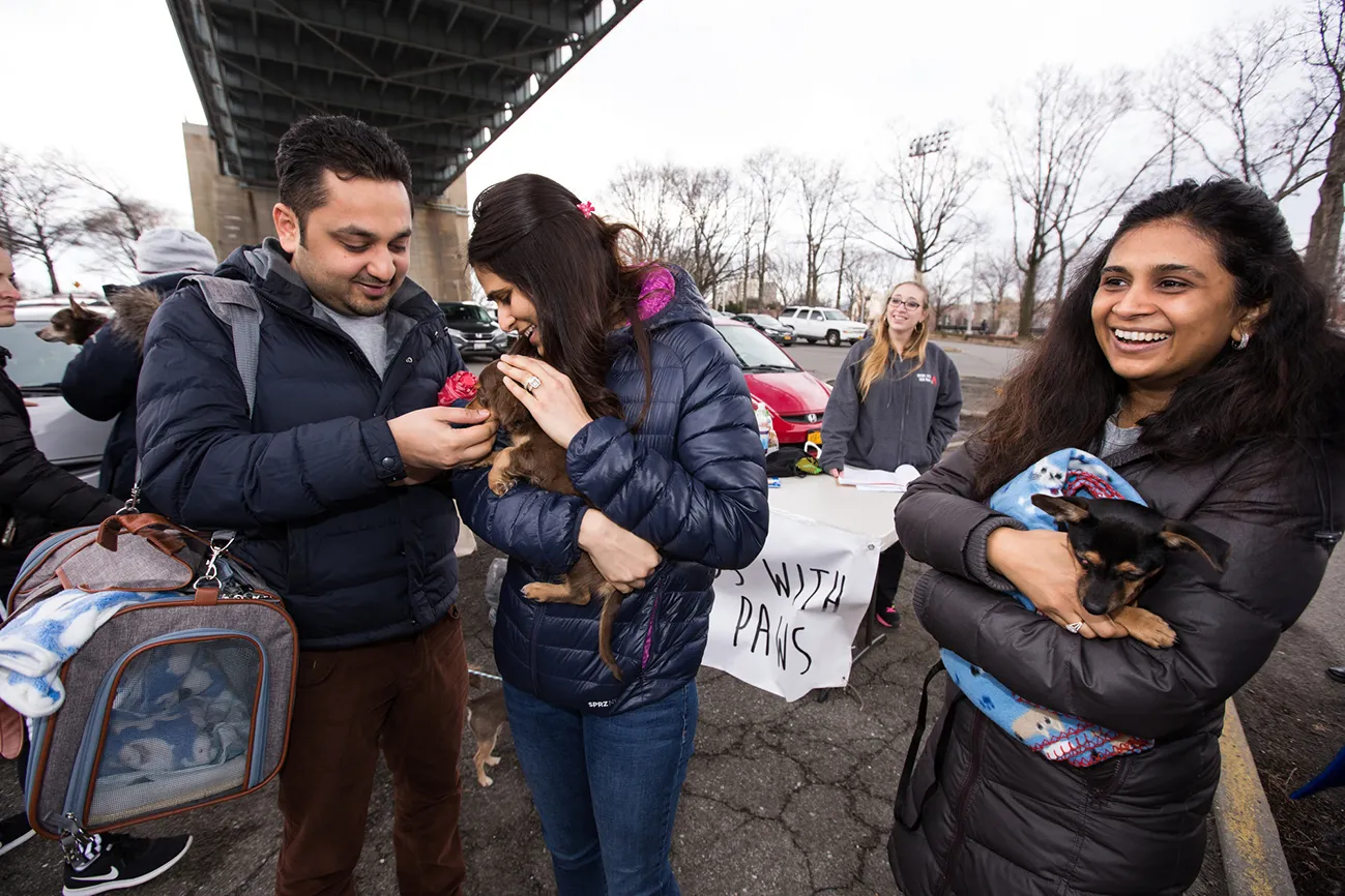 This couple came prepared with a cozy carrier for their little companion.