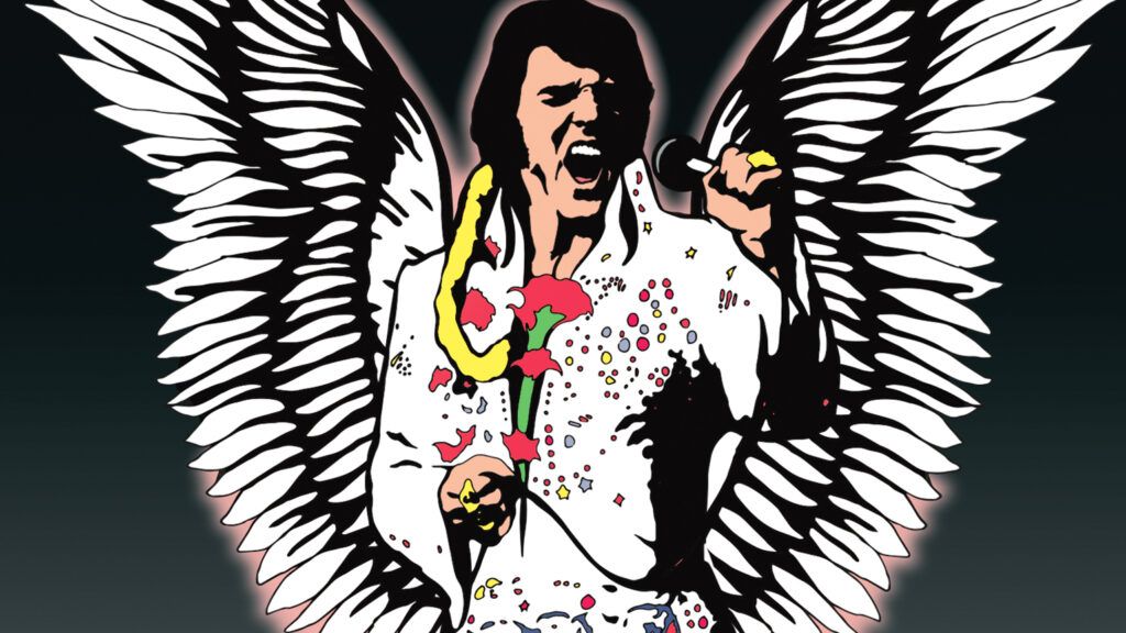 Illustration depicting Elvis Presley with large angel wings as he performs,