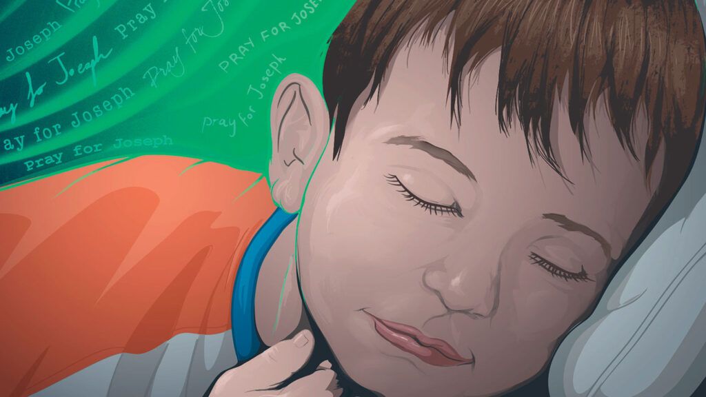 An artist's rendering of a young boy in hospital surrounded by a green glow
