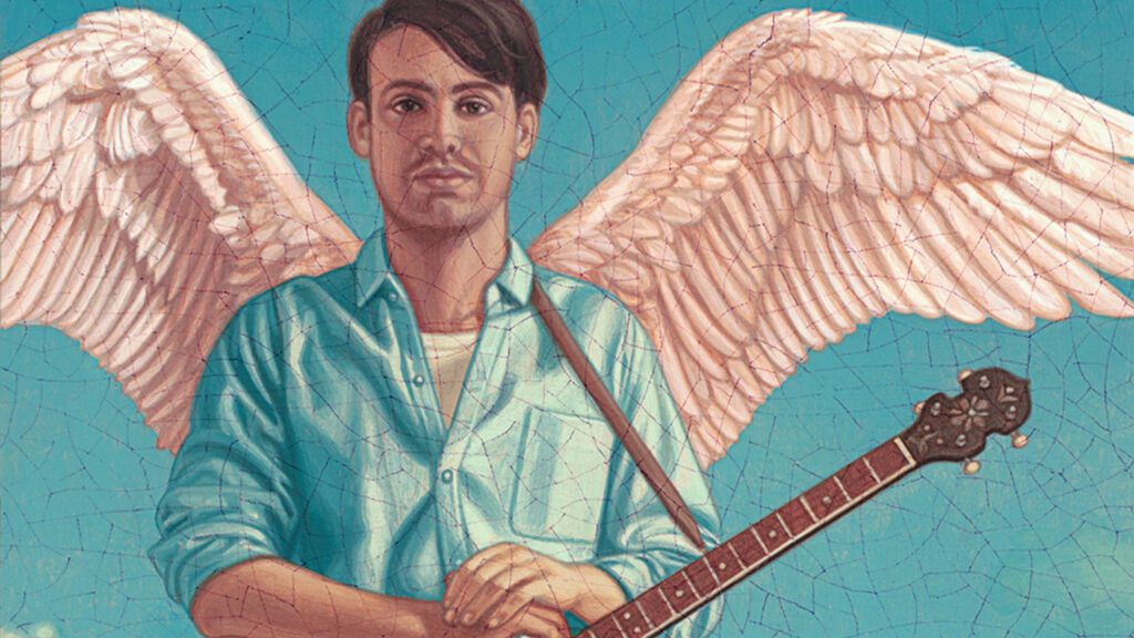 An artist's rendering of an angel with a banjo