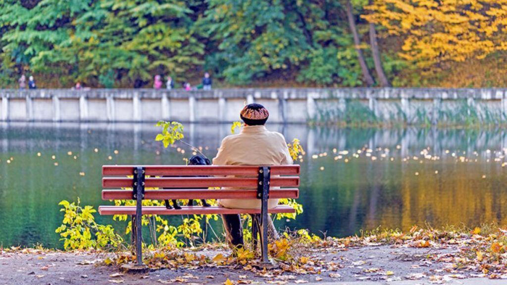 A woman sitting alone on a bench at a park on a crisp Autumn day.