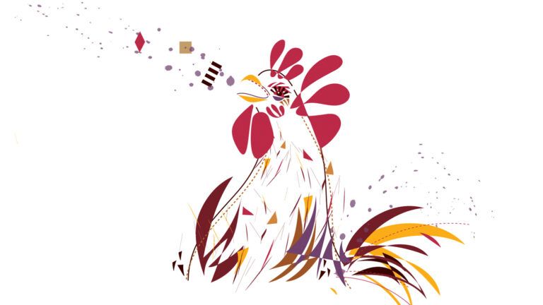 An abstract illustration of a rooster crowing.