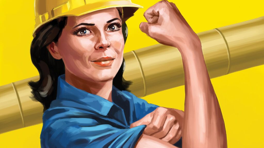An illustration depicting Lou Dean as 'Rosie the Riveter'