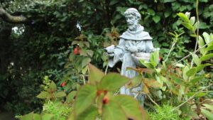 St. Francis of Assissi statue in a flower bed of a garden in Mexico with Saint Francis quotes