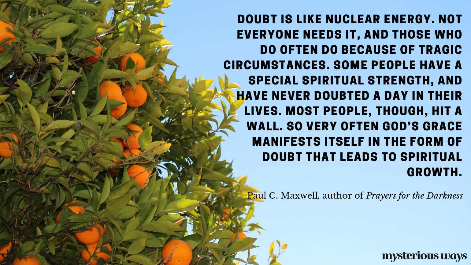 “Doubt is like nuclear energy. Not everyone needs it, and those who do often do because of tragic circumstances. Some people have a special spiritual strength, and have never doubted a day in their lives.Most people, though, hit a wall. So very often God’s grace manifests itself in the form of doubt that leads to spiritual growth.”