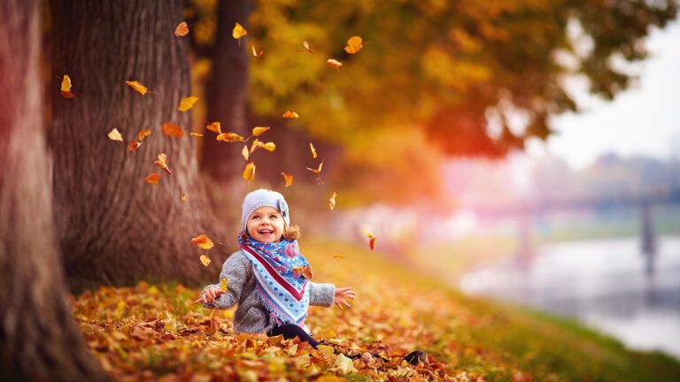 A happy young child plays in a pile of autumn's fallen leaves