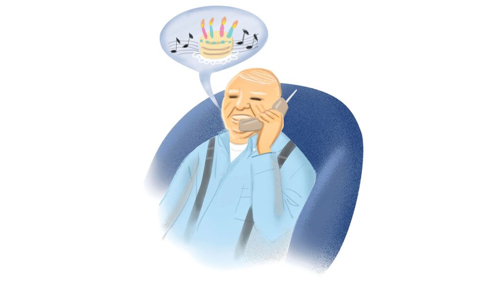 An illustration of an elderly man singing the "Happy Birthday" song to others over the phone.