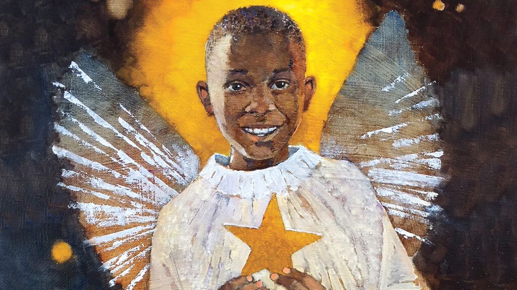 An artist's rendering of a young boy in a angel's costume