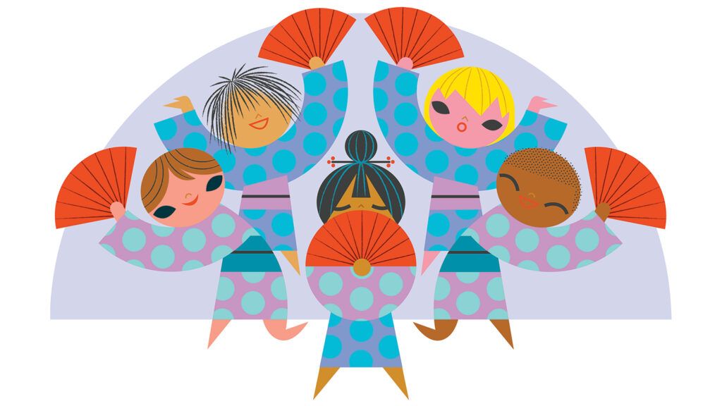 An artist's rendering of a multicultural group of children doing a traditional Japanese dance