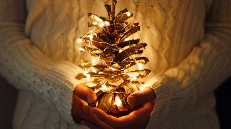 A woman's hands hold a large pine cone decorated like a Christmas tree