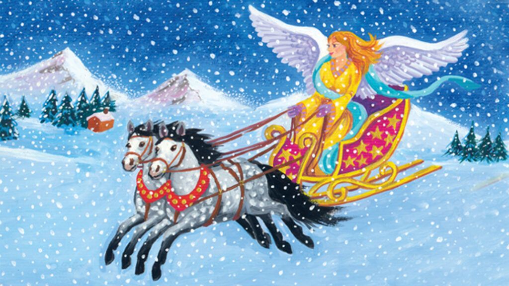 An artist's rendering of a flying horse-drawn sleigh being driver by an angel.