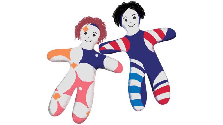 An illustration of a pair of colorful patterned dolls.