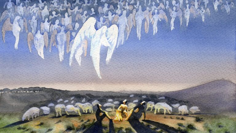 An arist's rendering of angels bringing the Good News to the shepherds in the fields