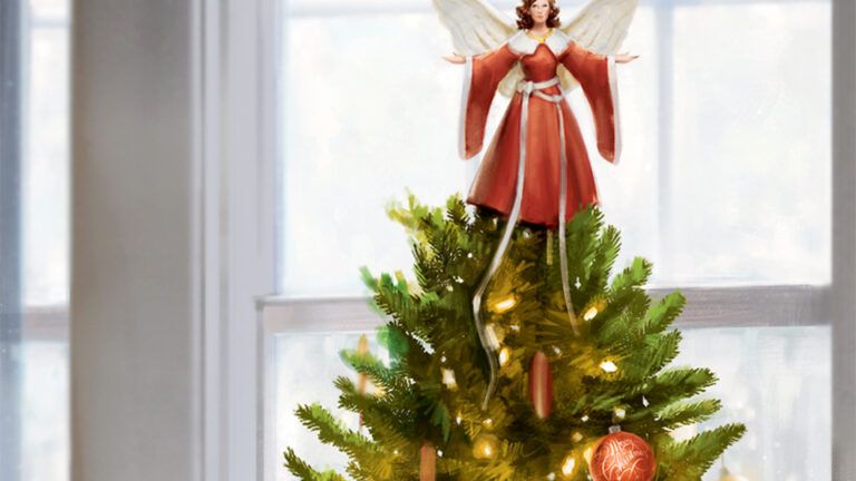 An artist's rendering of an angel atop a Christmas tree
