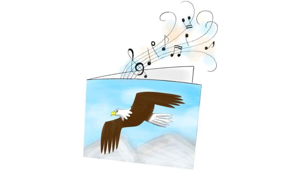A greeting card with a soaring eagle on the cover. Music notes drift from the card.
