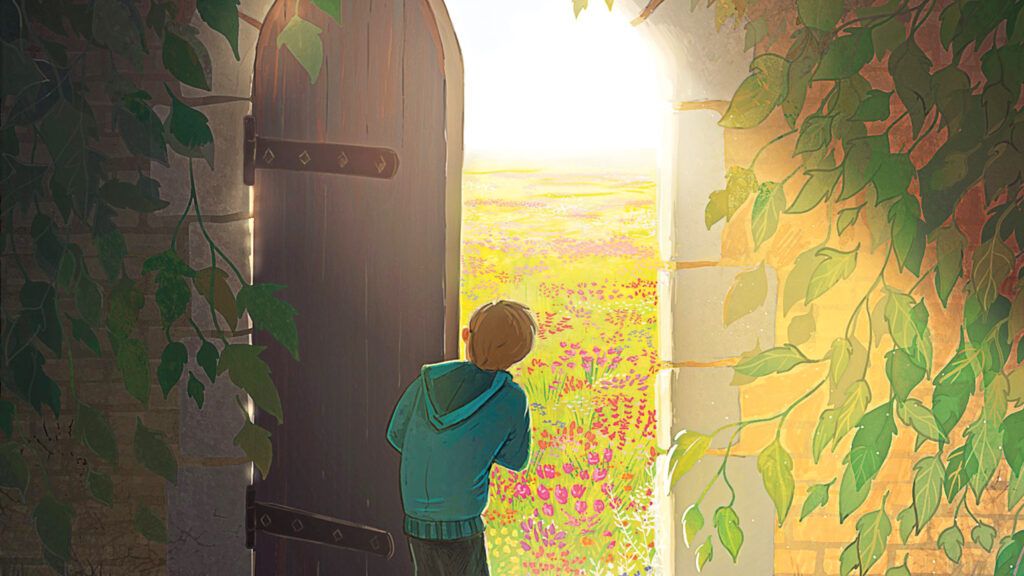 A curious child peeking out of a large mysterious door that leads to a field of flowers and sunlight.