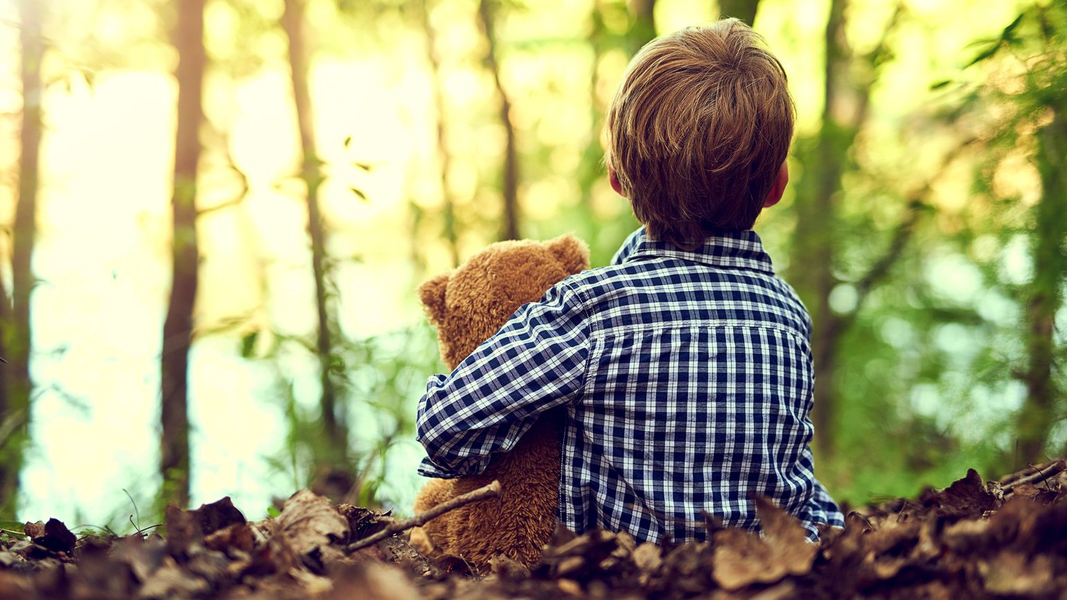A young boy holding a teddy bear in a  forest.