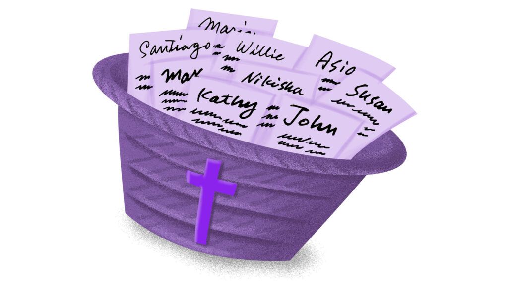 A purple basket full of slips with names of church congregation members.