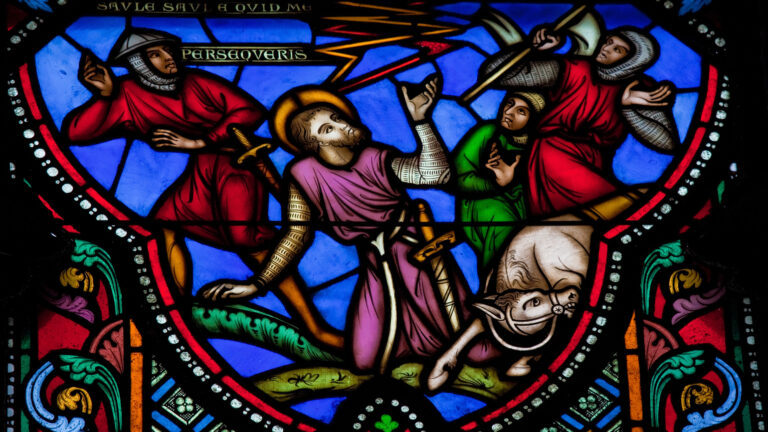 Stained glass window depicting St. Paul learning to fast according to the bible