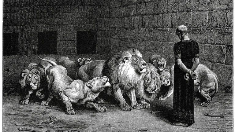 Vintage engraving showing Daniel in the lion den showing how to fast according to the Bible