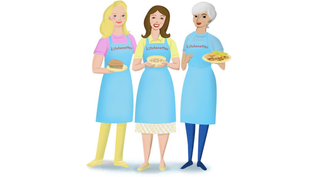 Three kitchenettes with various meals in hand.