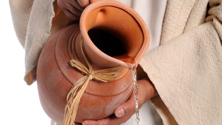 Jesus pours water from a clay pot