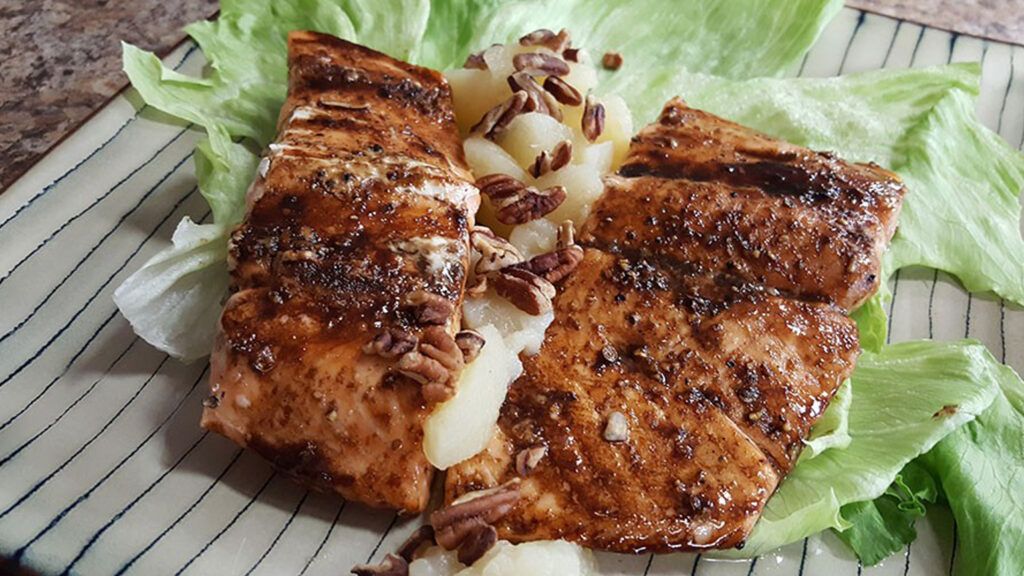 Balsamic salmon with pears and pecans