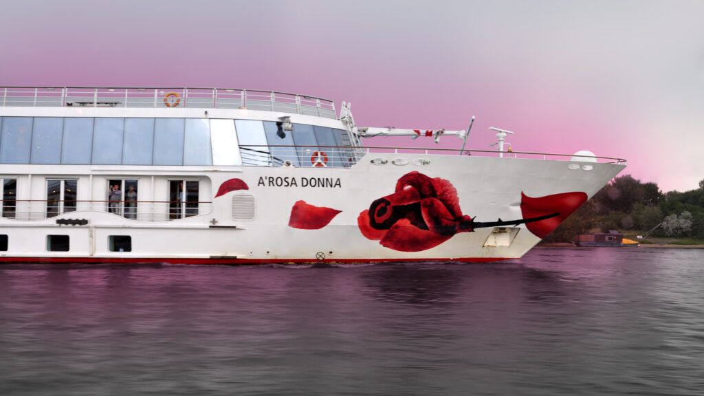 A cruise ship with A long-stemmed Rose and 'A'Rosa Donna' imprinted on the side.