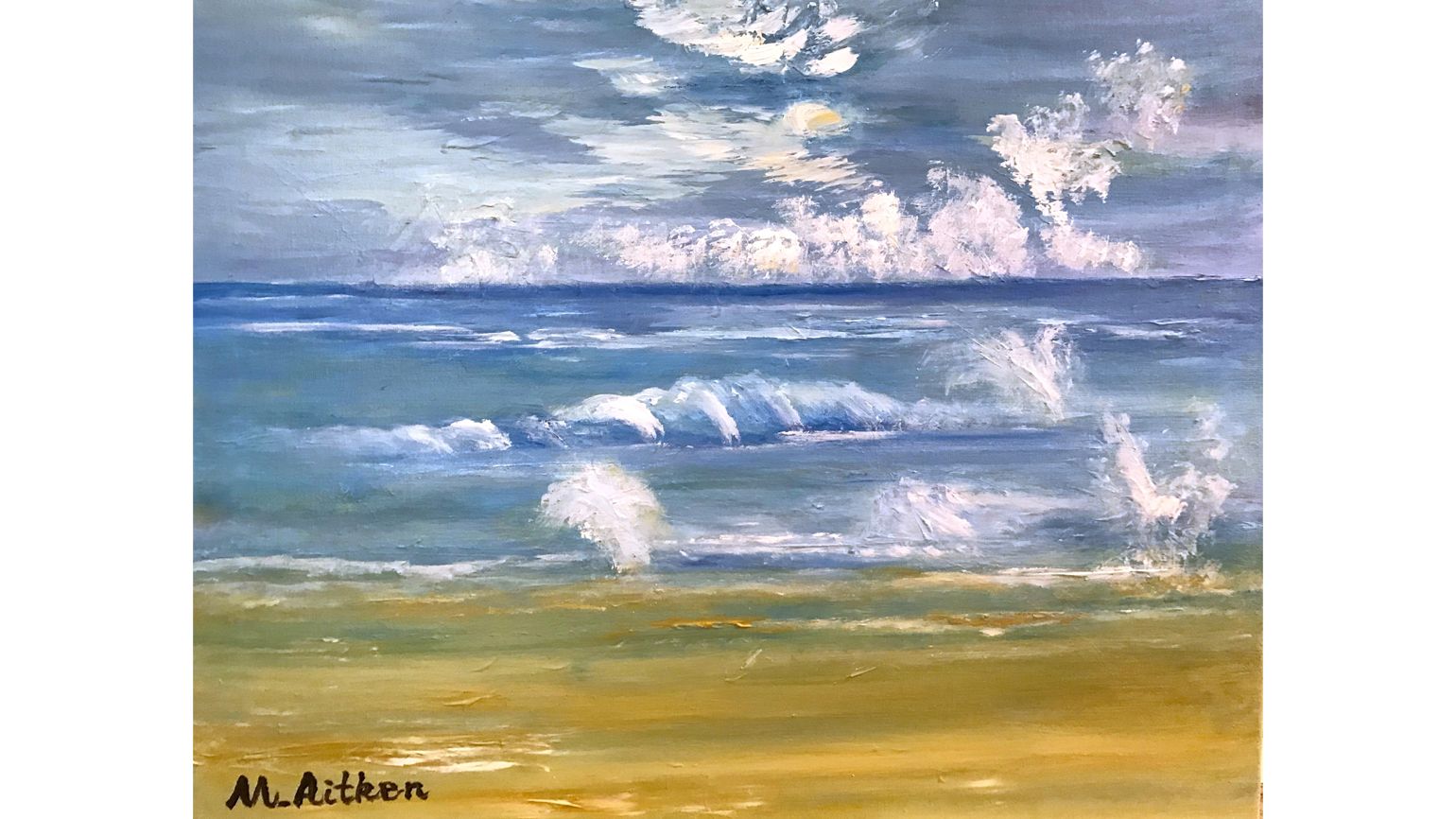 A painting with surprise angels on a beach landscape.