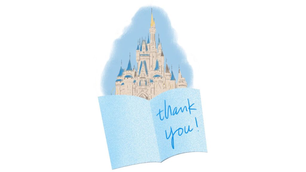 An artist's rendering of a Thank You card with Walt Disney World in the background.