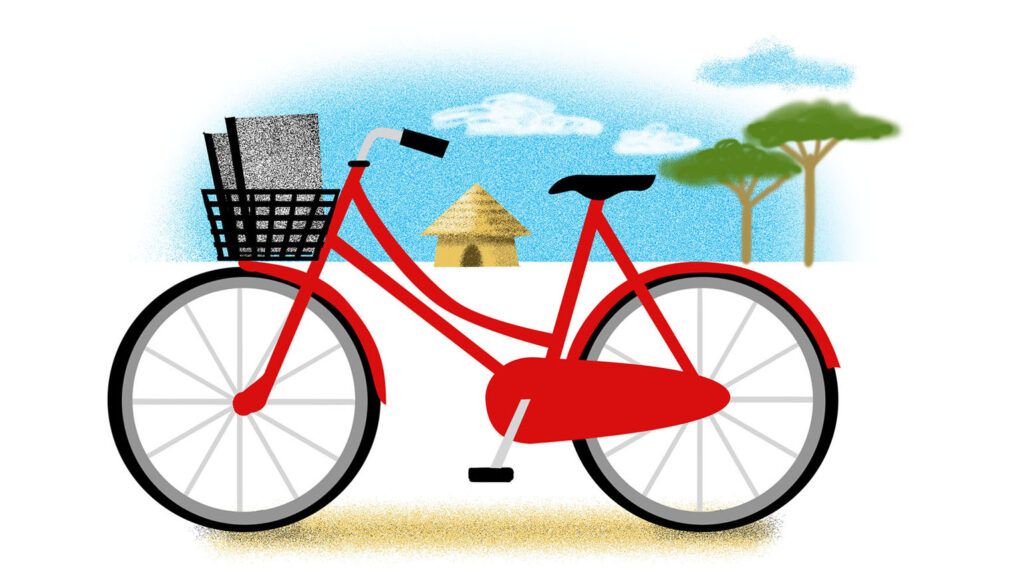 An artist's rendering of a red bicycle with school notebooks in the basket.