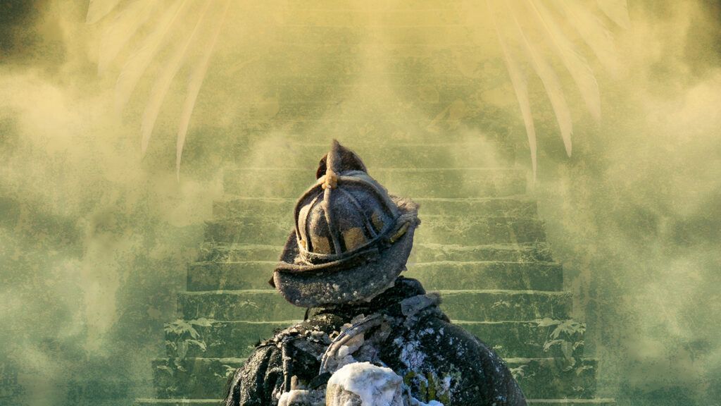 An artist's rendering of a firefighter peering up at the stairway of heaven.