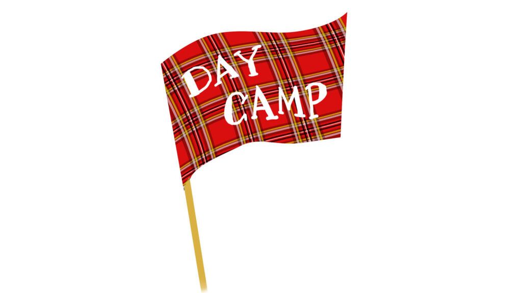 A red plaid flag that reads 'DAY CAMP'.