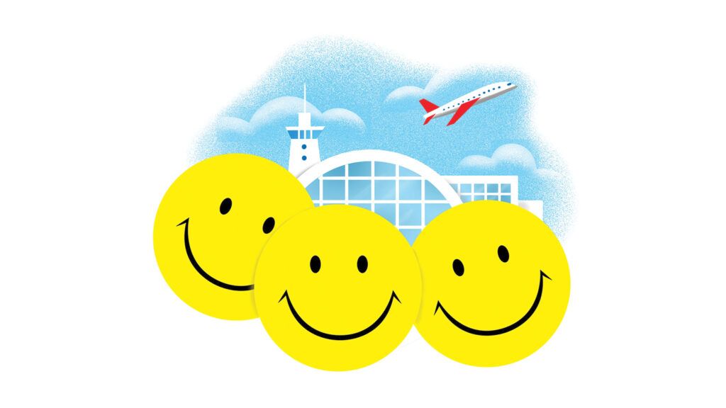 An artist's rendering of three smiley faces in front of an airport.