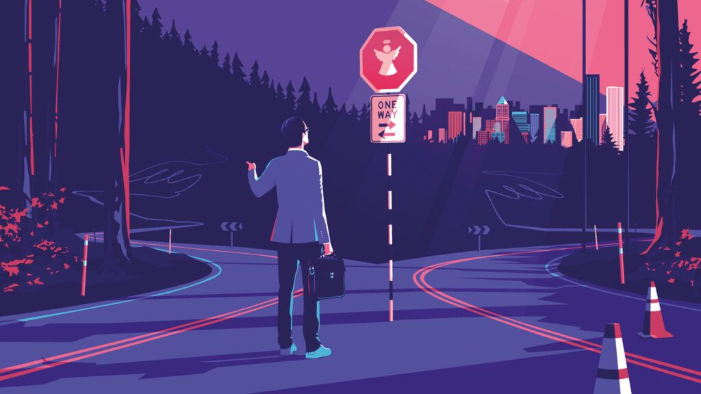 A businessman looking at a stop sign with an angel figure at a forked road.