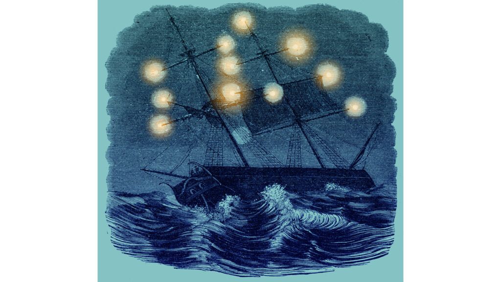 An artist’s rendering of St. Elmo’s Fire – the flame that does not burn – on the masts of ships caught in a storm.