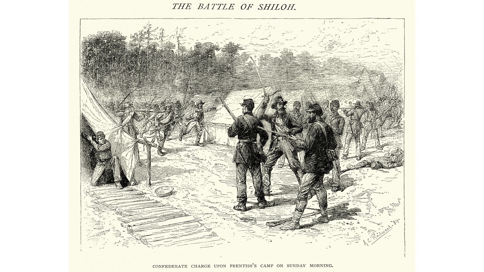 An engraving of soldiers at the Battle of Shiloh, which began on April 6, 1862.