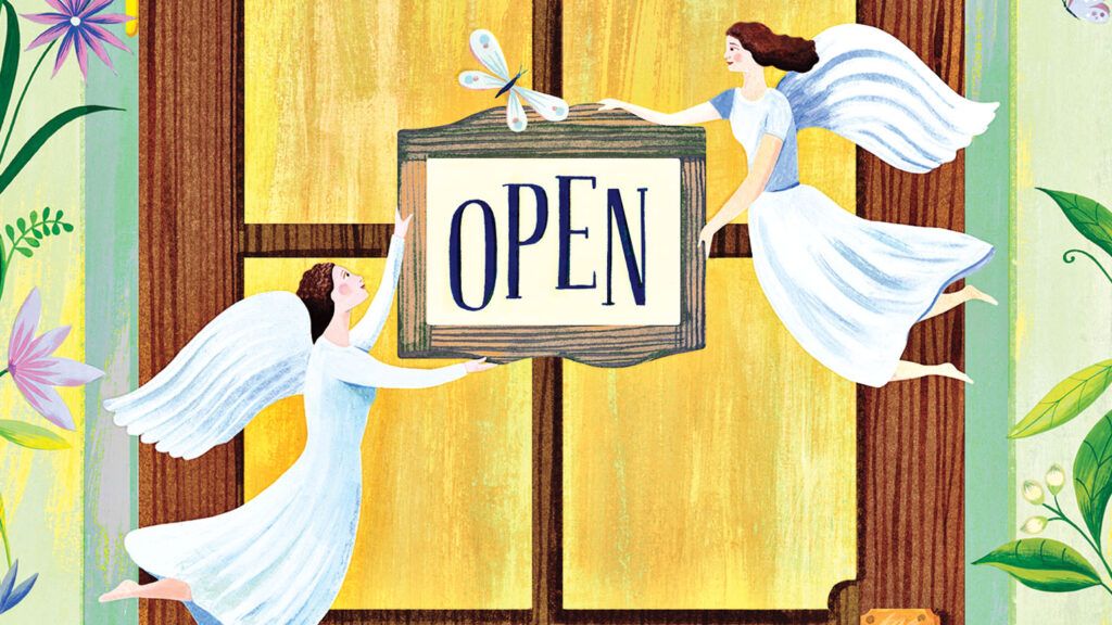 Illustration of two angels holding an open sign