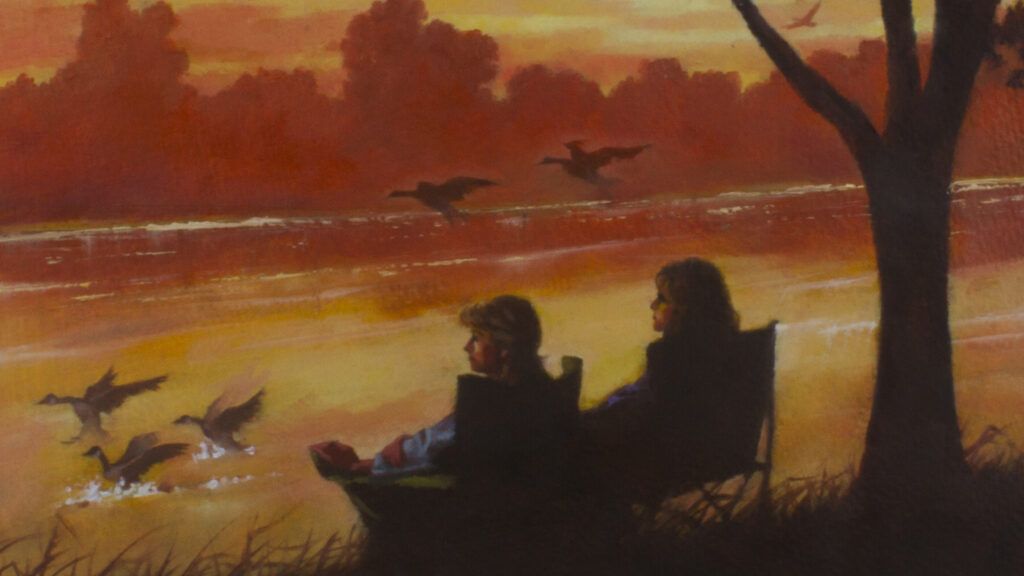 An artist's rendering of a mother and son fishing during a sunset.