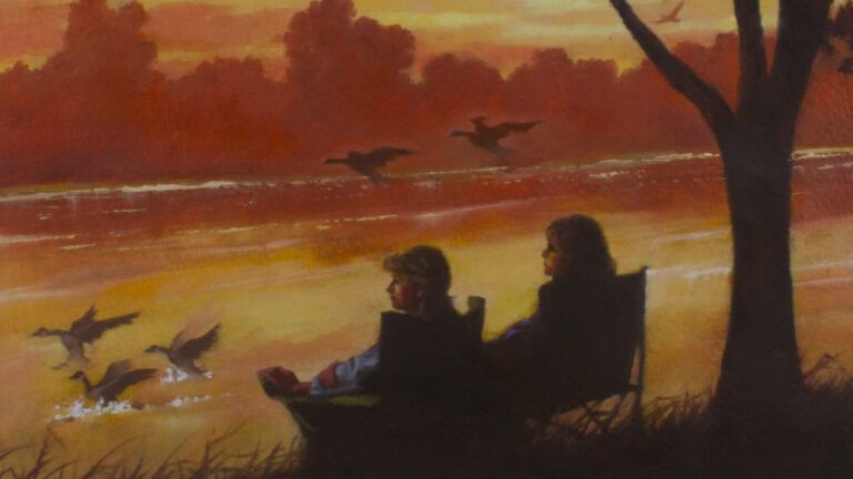 An artist's rendering of a mother and son fishing during a sunset.