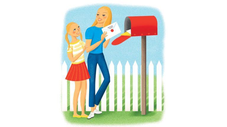 An artist's rendering of two family members taking out mail from their mailbox.