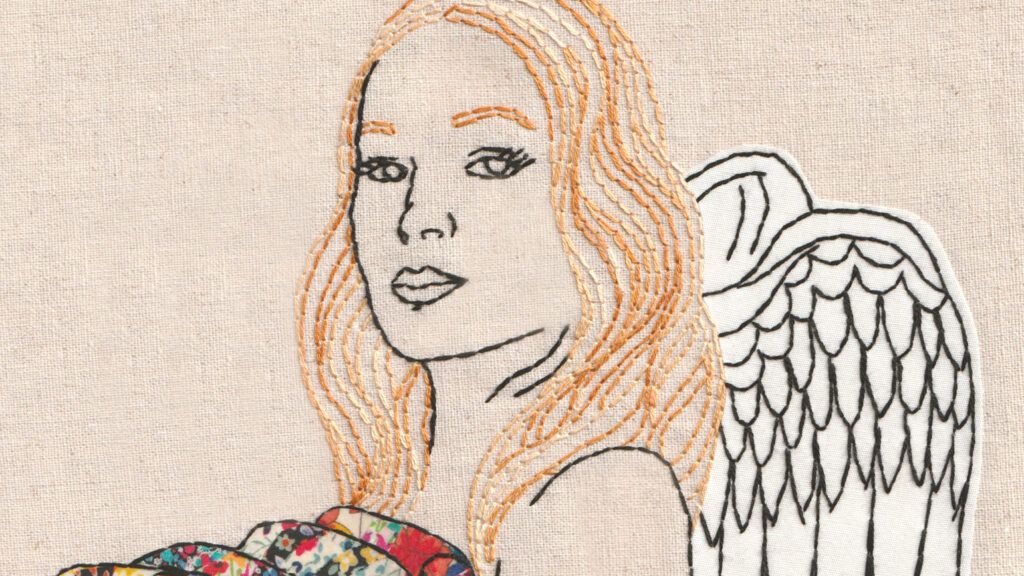 An artist's rendering of a quilted angel holding colorful, patterned quilts.