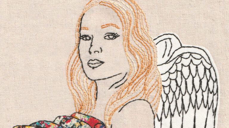 An artist's rendering of a quilted angel holding colorful, patterned quilts.